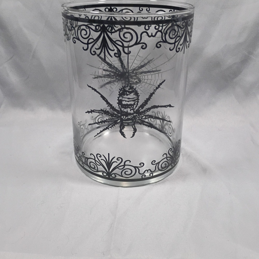 Gothic Spider Web Glass Vase Black Ornate Scroll Halloween Decor Hurricane 8in
